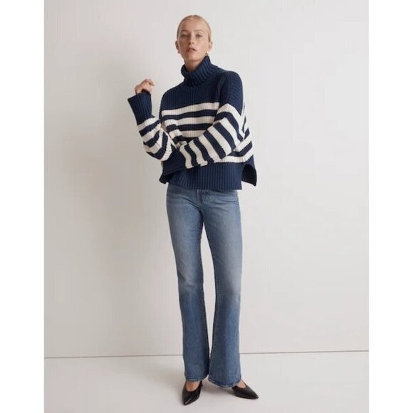 Madewell Wide Rib Turtleneck Sweater Classic Indigo Stripe Women's XS NWT - Picture 1 of 12